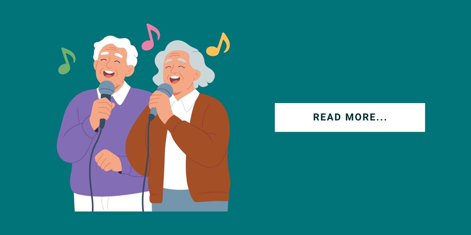 An illustration of two seniors singing with a button that says, "Read More..."