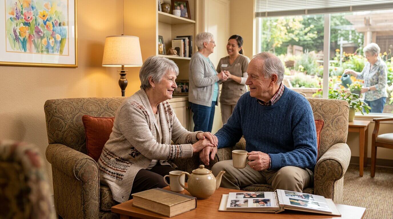 a senior couple supporting each other in memory care