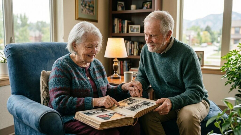 A senior couple looking at a photo album together