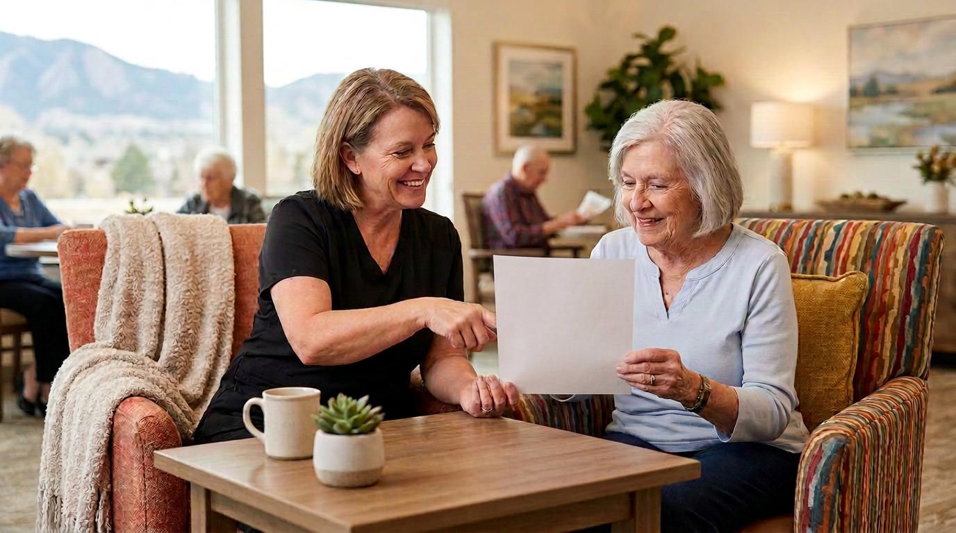 a senior and a woman sit at a table reading a peper