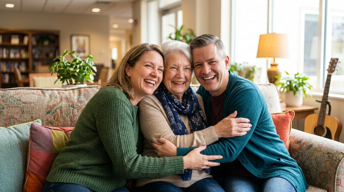 A senior hugging their adult kids on a sofa and smiling.