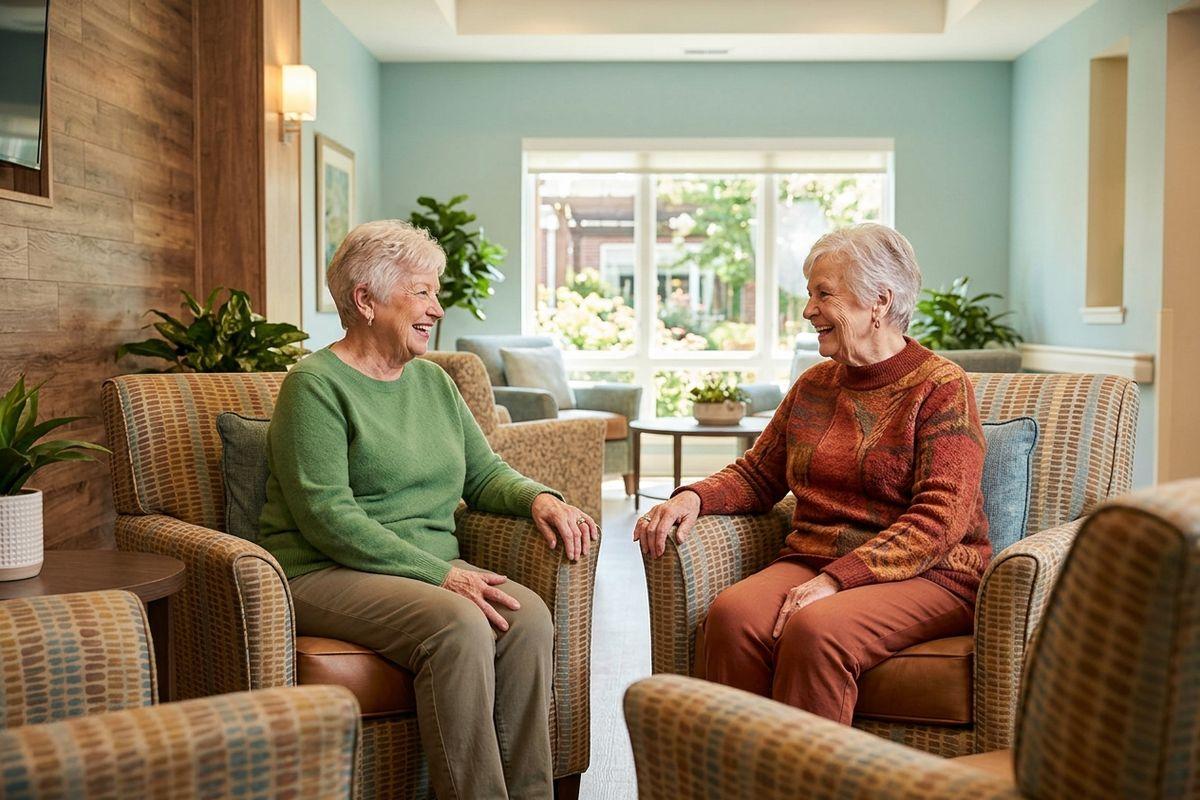 A pair of older adults sit together in a bright common room, experiencing social connection in memory care.