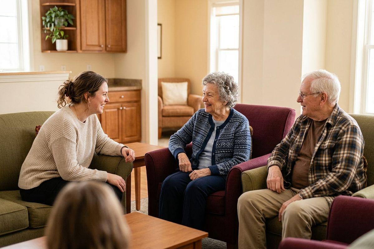 Family members sit with their senior loved ones, experiencing a moment of connection together in a memory care community.