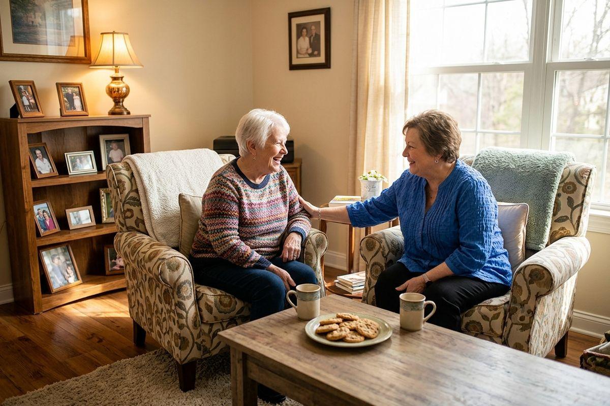 A pair of older adults in memory care sit together in armchairs, smiling as they enjoy an afternoon chat with a plate of cookies and tea.