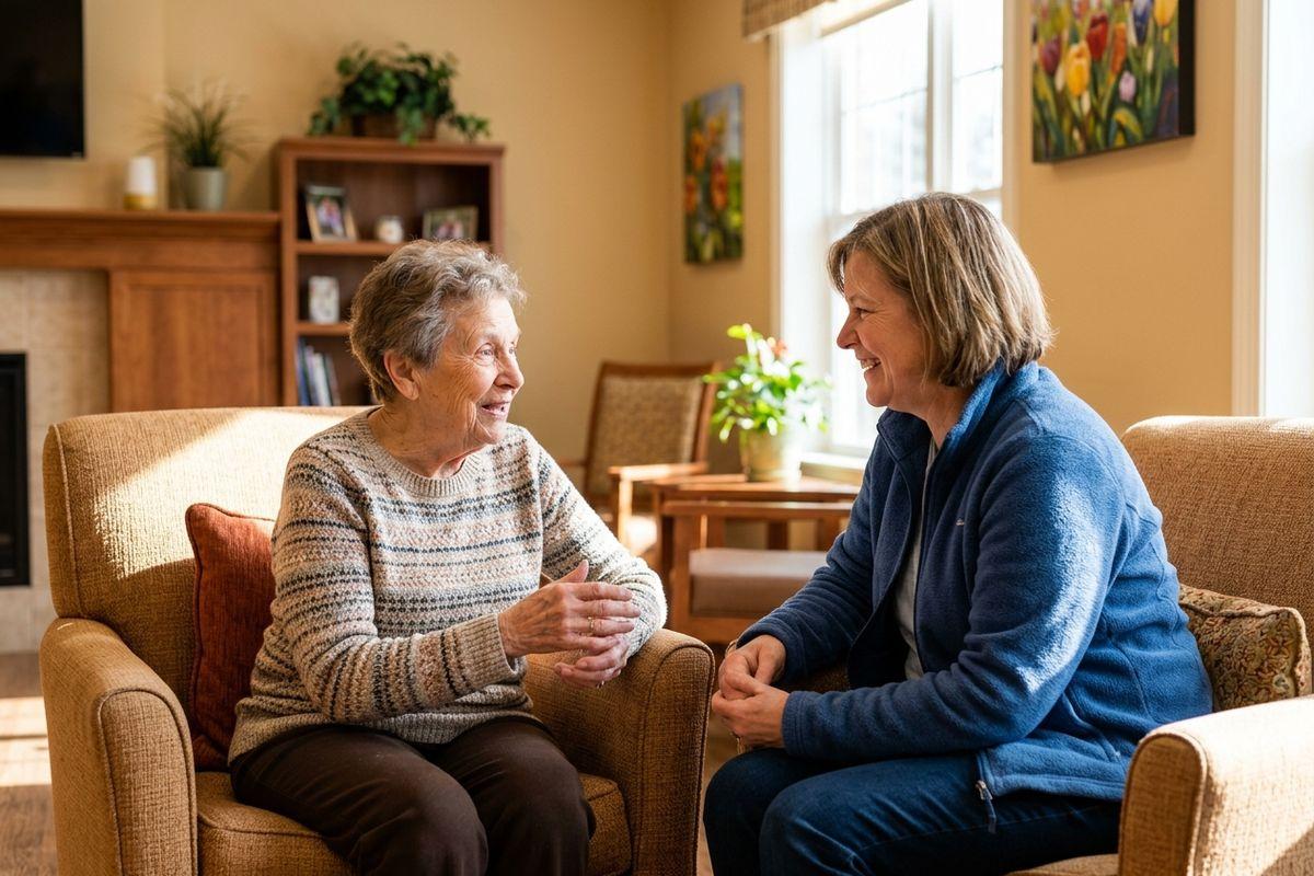 An older adult and their visiting adult child sit together to share a quiet moment of conversation in a bright memory care apartment.