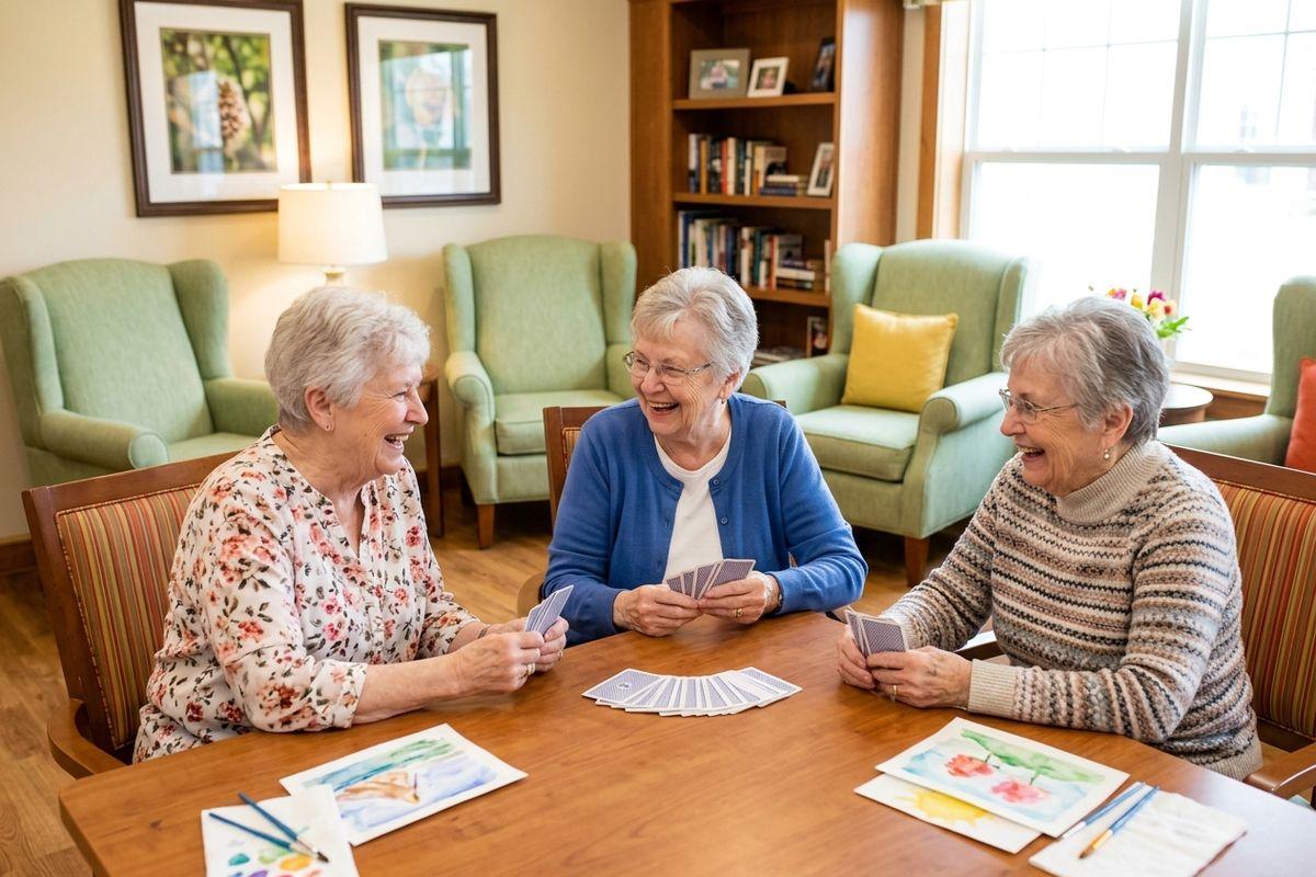 A group of older adults laughing and playing cards around a table.