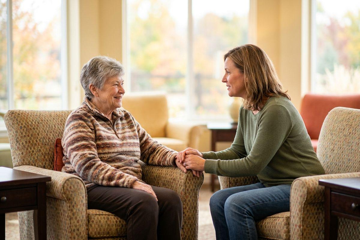 A young adult holds an older adult's hand while sitting in chairs in a bright room.