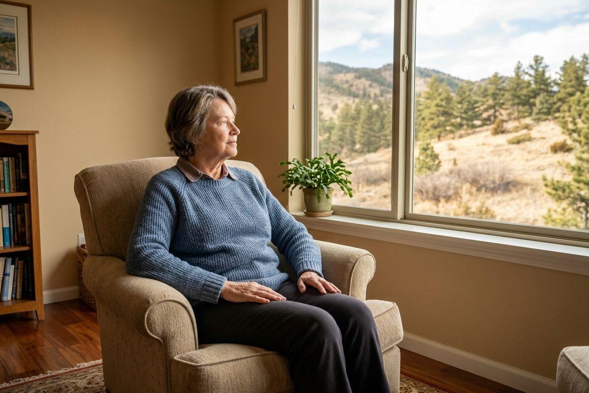 Older adult in a blue sweater sits in a beige armchair, looking out a large window at pine-covered hills in a moment of calm.