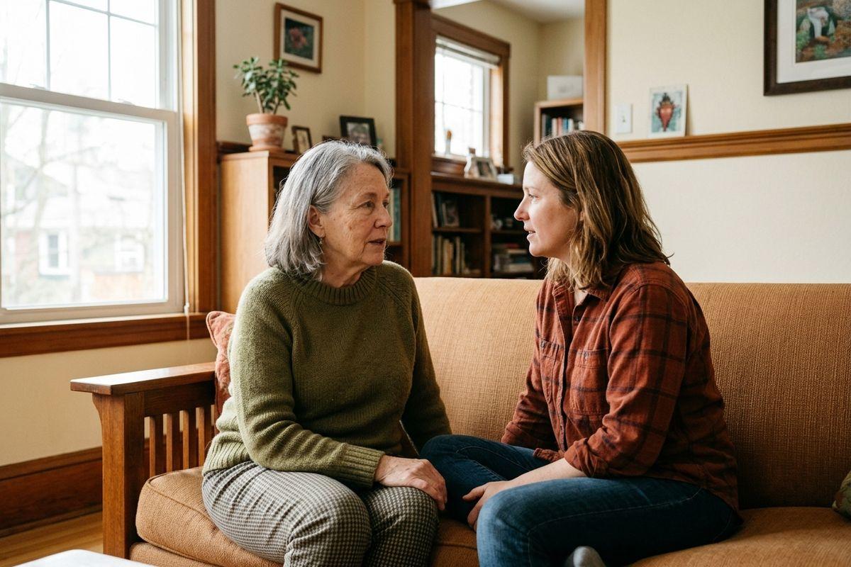 Older adult in a green sweater and younger adult in a plaid shirt sit facing each other on a couch in a living room, talking.